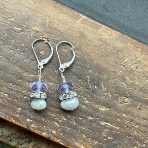 Elegant Sterling Silver, Crystals and Purple glass Dangle Earrings